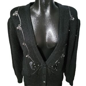 Vintage Iced Tea Black Cardigan Sweater with Bow Accents Size M